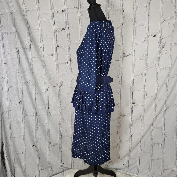 VINTAGE Retro‎ Navy Blue with White Polka Dot Modest Mid Length Peplum Dress 12 - Picture 4 of 8